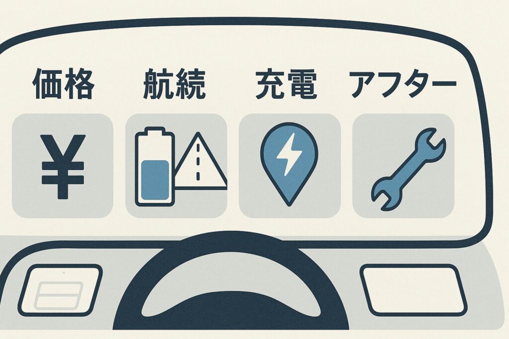 EVの比較要素、価格・航続距離・充電速度・アフターケア